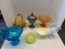 iridescent Fenton carnival glass, blue moon and stars pedestal bowl, Fenton Amber basket glass,