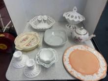 porcelain and milk glass items, plate cameo, teapot, and more