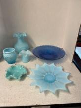 Blue glassware, including satin vase, and Fenton items
