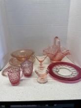 Pink depression glass, Fenton cream and sugar, glass basket