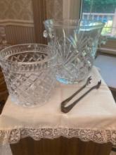 2 crystal ice buckets and silver tongs