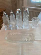 Czech Bohemia salt and pepper shakers, glass toothpick holder and butter dish