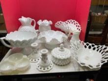 Nice white milk glass lot including hobnail and ruffled and open lace
