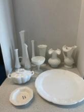 Milk glass 4 swung vases one with handle and more