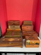 10 wood boxes and cigar boxes