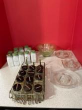 Vintage spice rack, spice containers, juicers