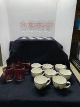 Christmas stemware, cups, and Christopher Radko mugs