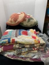 Vintage cutter quilts, an 1800?s coverlet, embroidered chair pads and more