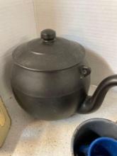 antique white enamel porcelain teapot, vintage McCoy cookie jar, vintage tin cups, bowls and lids,
