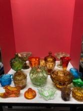 Colorful glassware, including LE Smith, Moon and stars, Fenton, Fenton shoe, depression, slag and