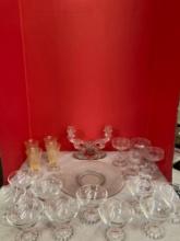 Etched glassware, candlewick sherbets, Pyrex butter print refrigerator dish, Corelle plates and more