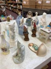misc figurines, swan dish, vases pitchers and milk glass lamp
