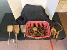large lot of cast-iron and metal tools. shovels scythes, saws, wrenches, pliers, etc.