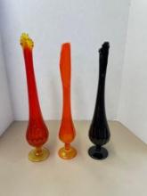 2 Amberina and one black stretch, swung vases, One has a Viking tag