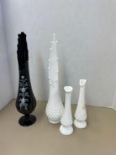 Fenton black handpainted swung vase, and three milk glass hobnail, swung and stretch vases