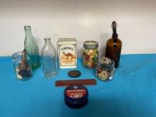 Old jars and bottles with sets of dice buttons and more