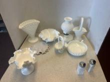 Nice milk glass lot, hobnail items, ruffled items, Salt and Pepper, vase, basket, bowls, lamp, etc.