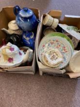 Large lot of china, teapots, oil lamp, misc crystal