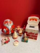 Tin Santa jar, Santa box, misc Santa candles and figurines, misc tree ornaments and figurines