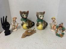 Cat planters, figurines, wood hands