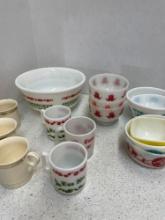 vintage Hazel Atlas milk glass bowls Pyrex & Chikaramachi winter punch mugs