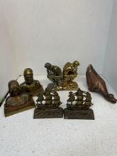 High-quality brass bookends, three sets and A brass with copper overlay duck bank
