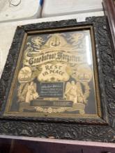 Antique memorial picture in amazing frame, Vintage mirror with embroidery on top, And vintage cross