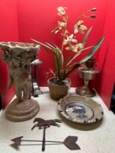 paper mache planter, antique candle mold, faux plant, kerosine lantern base, Rowe pottery pie plate