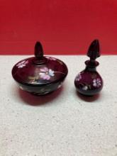 Fenton Glass Aubergine Limited Ed Powder Dish and perfume bottle Purple Hand Painted