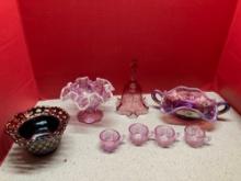Fenton basketweave bowl, ruffled bowl, bell, opalescent dish, and mini punch bowl cups