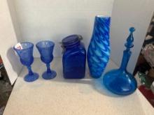 lot of blue glassware, cobalt blue mason style storage jar, two goblets George and Martha
