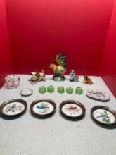 Green glass salts, ceramic figurines, Silver bird coasters