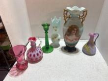 large Victorian vase, hand painted vases, green glass candle holder, cranberry opalescent cruet