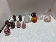 pink crystal and Amberina glass cruets some with stoppers. many variety of glass salt and pepper