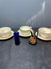 nice lot of fine china teacups and saucers, 2 bells and two miniature pottery vases