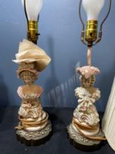 Pair of antique porcelain boudoir lamps and vintage milk glass parlor banquet electric lamp missing