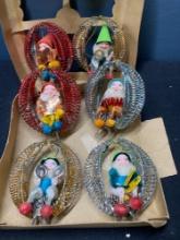 6 vintage possibly Shiny Brite elf ornaments, different textiles, spun ornaments, fabulous