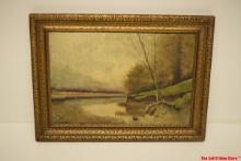 Scenic waterfront oil painting framed “ C. A. Guman 41 " 26in by 19in