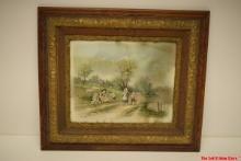 William Chandler  "Children Picking Wild Flowers by Sheep"  lithograph in ornate frame 27in by 31in