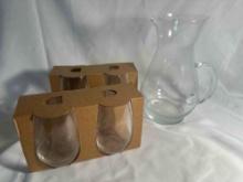 Glass Pitcher/ 4 New Wine Glasses In Box