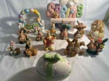 Easter Figurine Lot , Ceramic 2 Pc Egg Jewelry Box, Name Wall Hanging