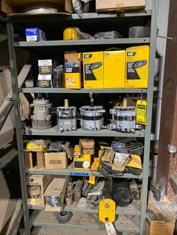 Large Assortment of Caterpillar Parts; Alternators, Radiators, Filters, Hydraulic Hoses, Shelving,