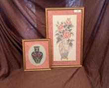 Matching Gold Framed Needlework Vase & Flowers