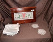 Wooden Coat Hanger w/ Needlework, Fabric and Crochet Coasters