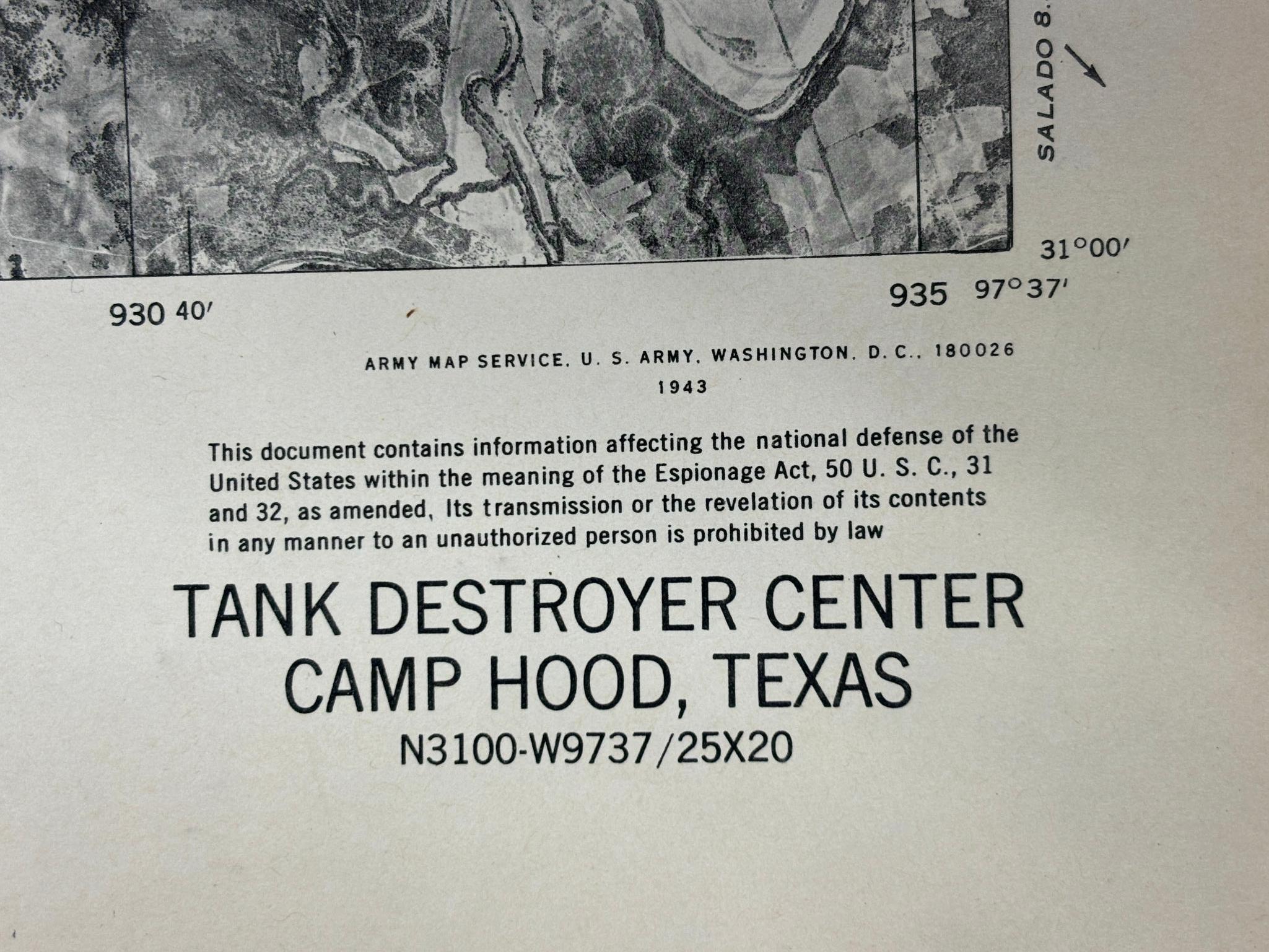 WWII 1943 US RESTRICTED CAMP HOOD ILLUSTRATED MAP