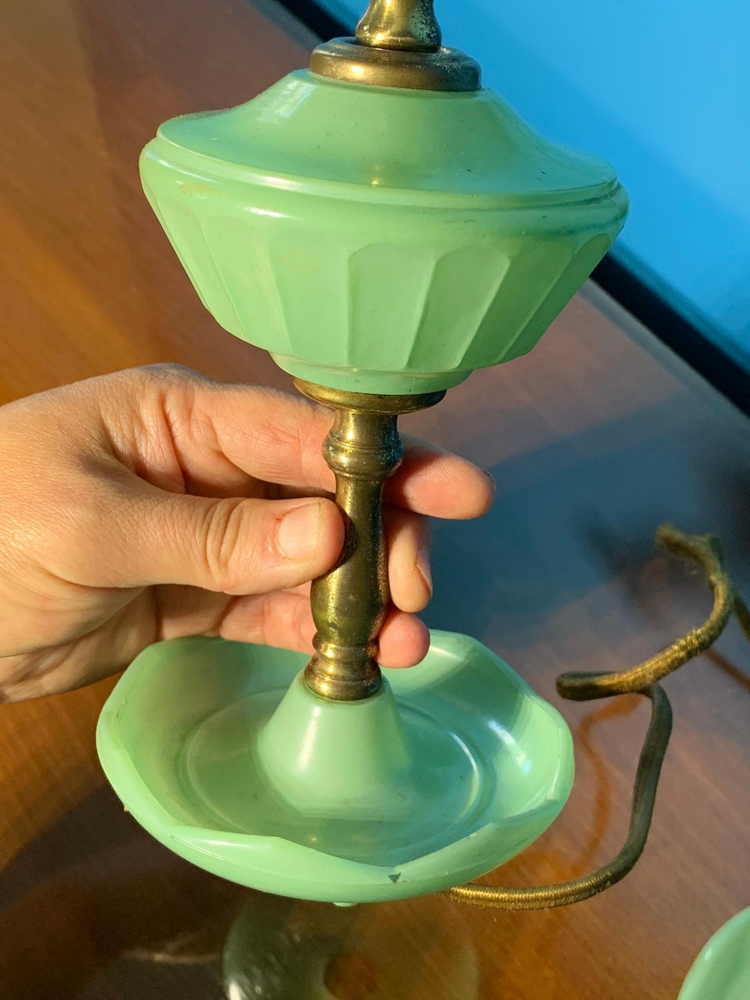 Pair of Vintage Green Glass Boudoir Lamps