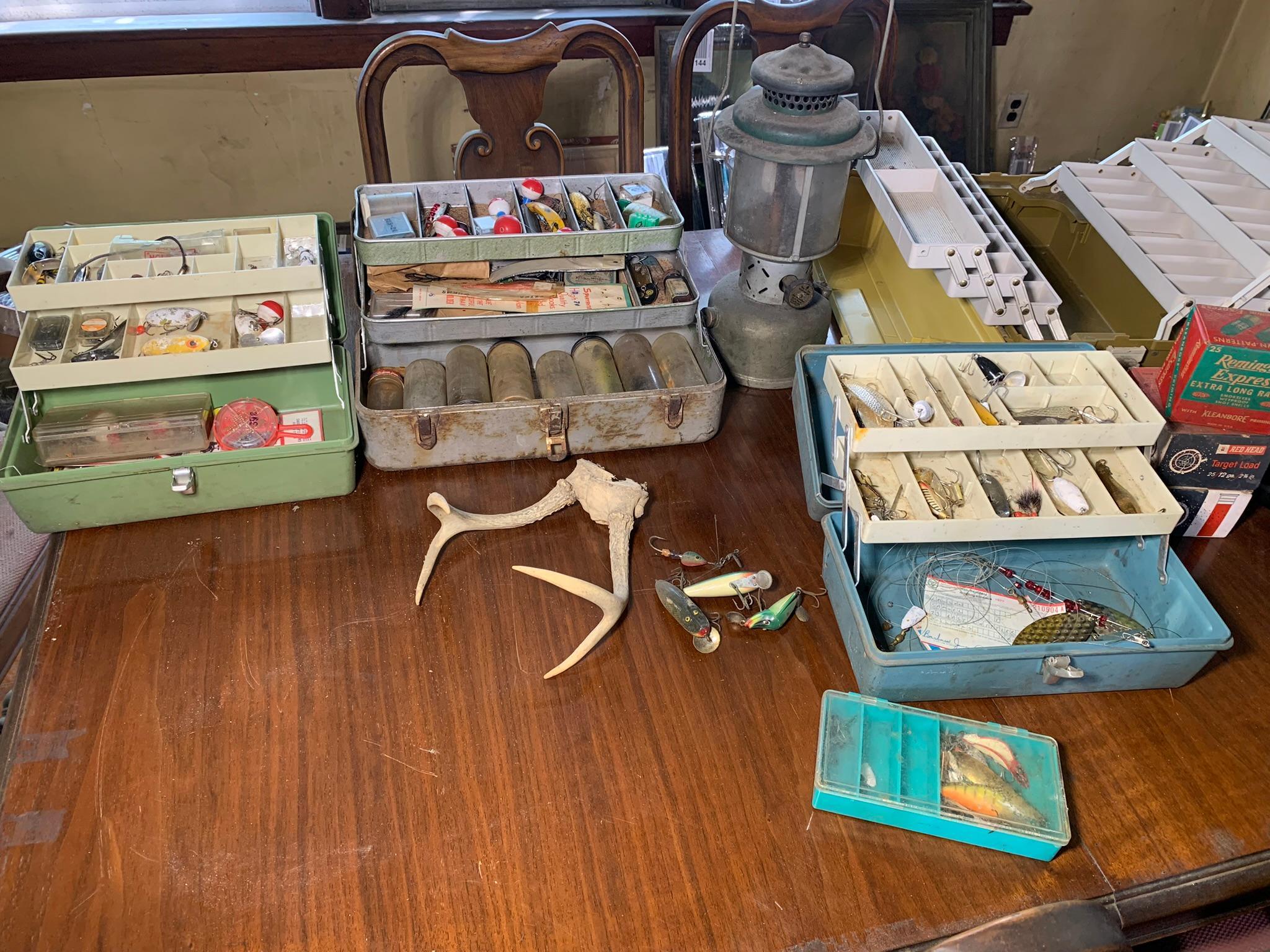 Group of Fishing Lures, Tackle Boxes, Deer Antlers & Coleman Lantern