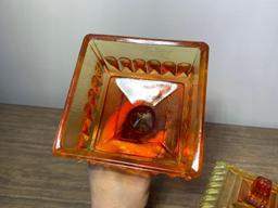 Vintage Amberina Red, Yellow, Orange Covered Candy Dish