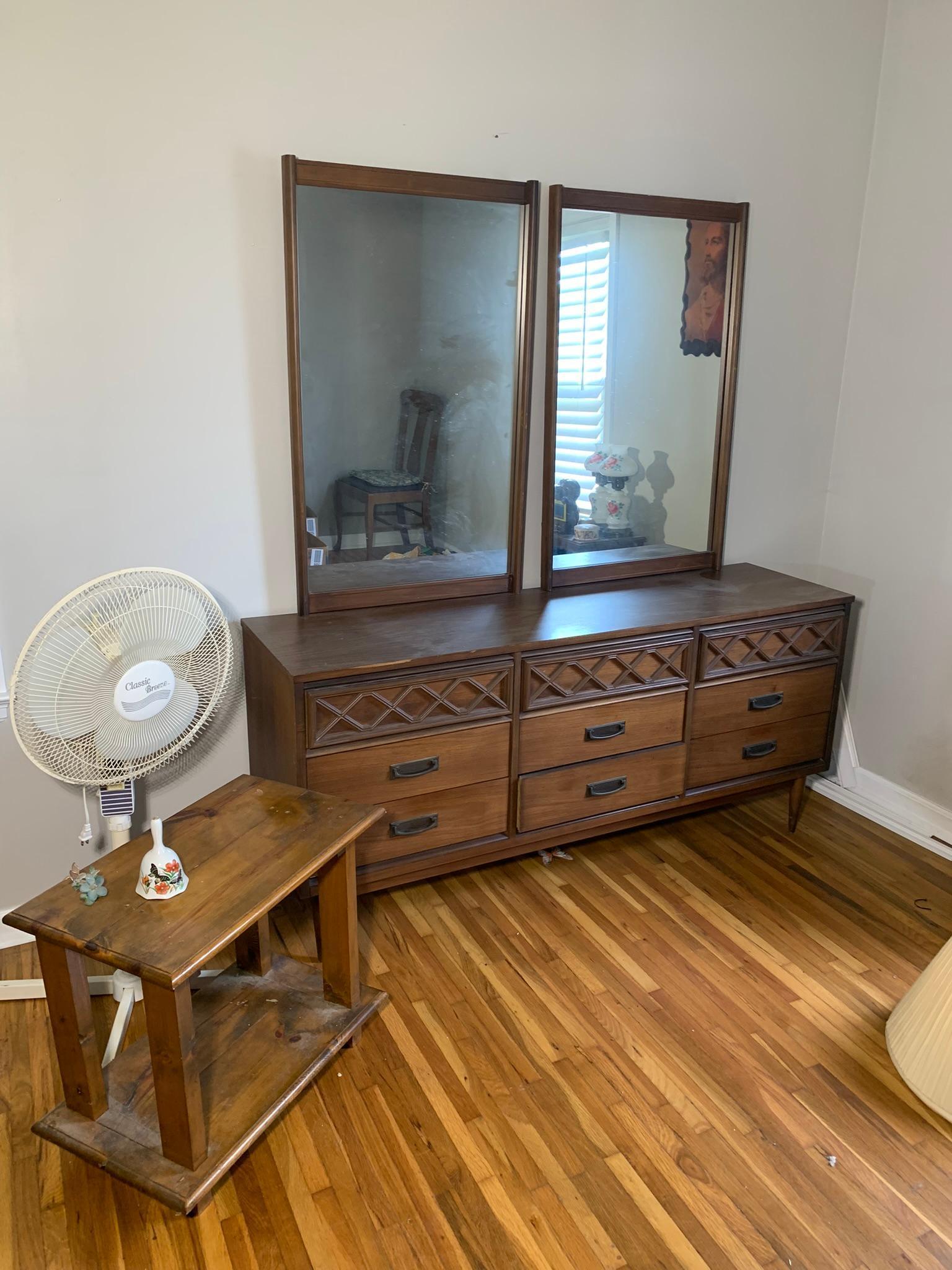 Bassett Furniture Dresser with Mirrors, Dog Bank, Soft Goods, Blankets, Mirror Display Shelf & More