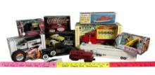 Group Lot of Vintage Die Cast Vehicles by Various Makers and a Vintage Plastic Boat in Box and More